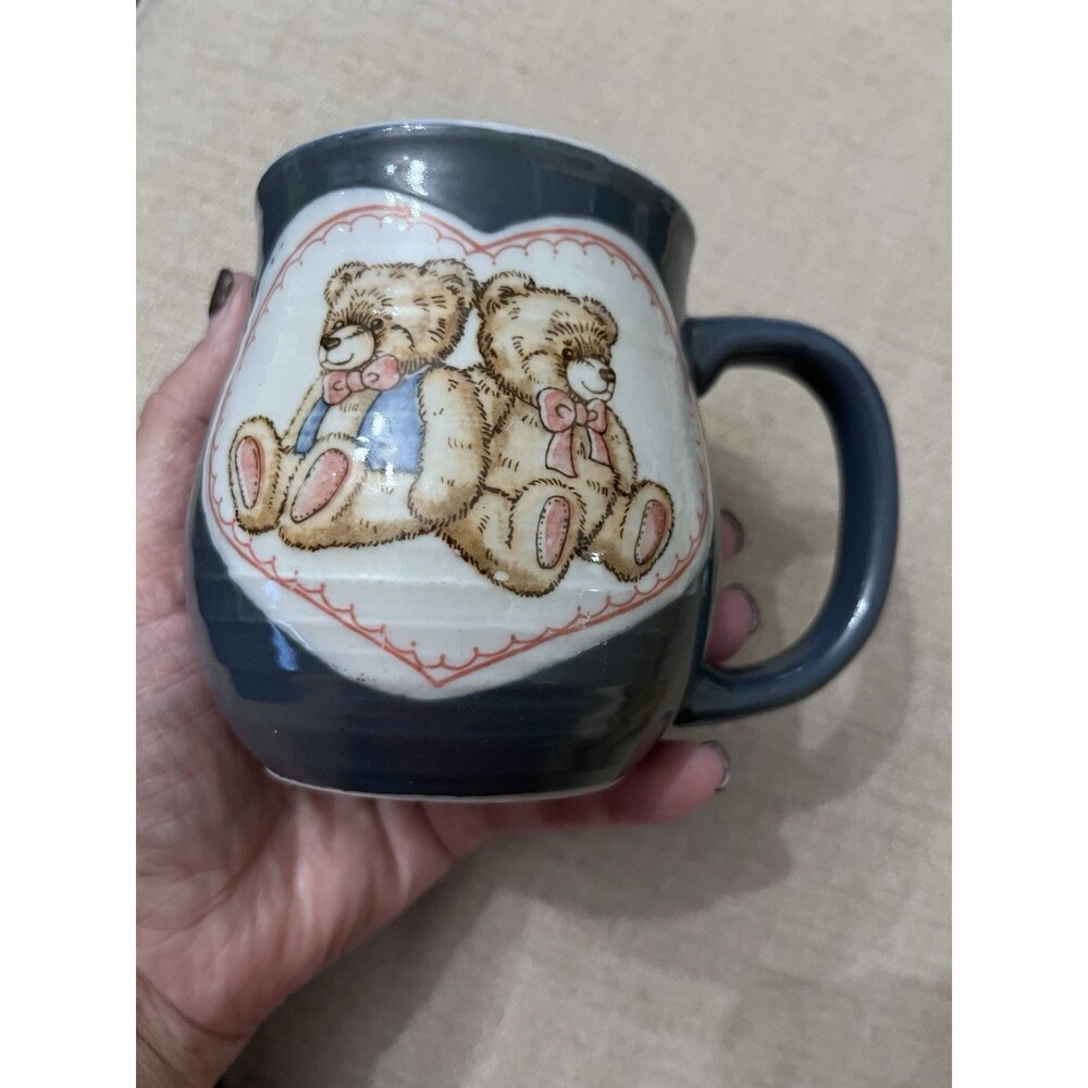 Teddy Bear Heart Blue Mug Vintage Coffee Tea Ceramic Love Cup